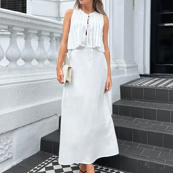 White Casual Women's Ribbon-Tied Ruffled Sleeveless Blouse And Long Skirt Set - Picture 6 of 8